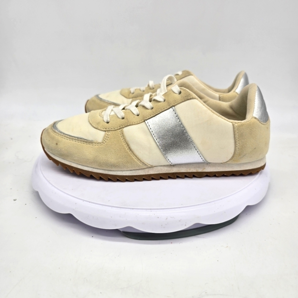 JCrew Metallic Colorblock Trainer Sneakers Suede Cream Silver Womens Size 7
